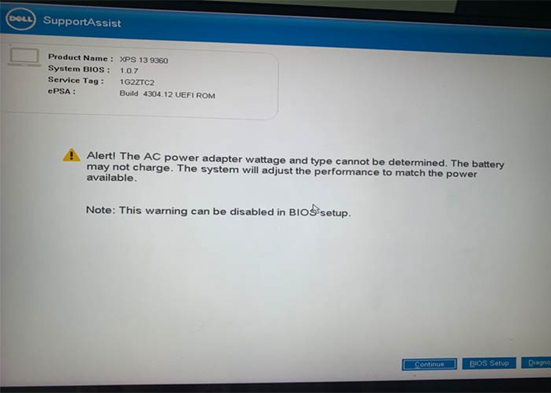 The ac power adapter wattage and type cannot be determined